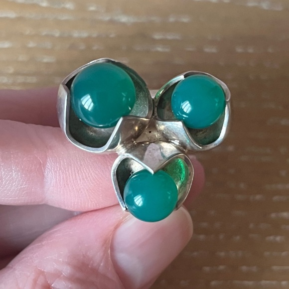KULTASEPPÄ SALOVAARA Finland Modernist Sterling Silver Ring Chrysoprase Sz 7 MCM - Picture 4 of 13